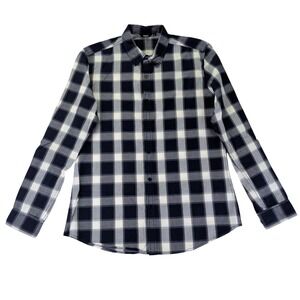 NUON Mens Large Navy Blue White Plaid Button Down Shirt 100% Cotton Long Sleeve